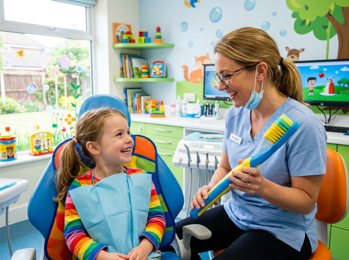 Paciente infantil sonriente en consulta de odontopediatría